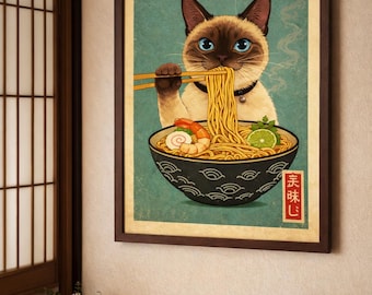 Funny Ramen Cat Poster, Japanese Style Cat Eating Noodles, Cute Food Art Print, Retro Asian Kitchen Decor, Kawaii Animal Wall Art Printable