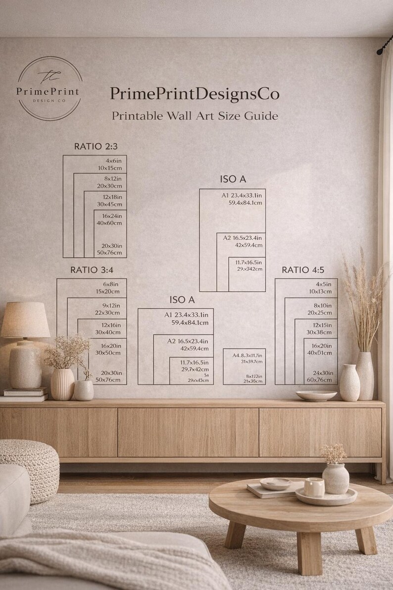 May include: Printable wall art size guide from PrimePrintDesignsCo. Includes size charts for Ratio 2:3, 3:4, 4:5, and ISO A formats, with measurements in inches and centimeters. The guide is displayed on a neutral-toned wall.