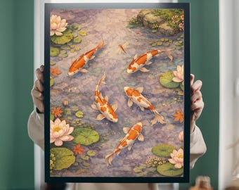 Cuadro decorativo de estanque de peces koi, lámina de jardín acuático de inspiración japonesa, decoración de flor de loto, obra de arte de naturaleza serena, lámina de decoración para el hogar con estética zen.
