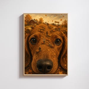 May include: A framed wall art print featuring a close-up of a brown dog's face, where the fur texture blends into a landscape of a pumpkin patch with people, hay bales, a red barn, and a sign that reads PUMPKINS under an autumn sky.