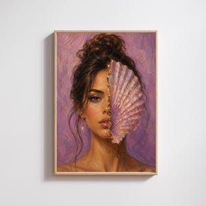 May include: An oil painting in a light wood frame depicting a person with dark hair in a bun, wearing a pearl earring. A large, textured, fan-shaped seashell in shades of pink and gold covers half of the face against a textured purple background.