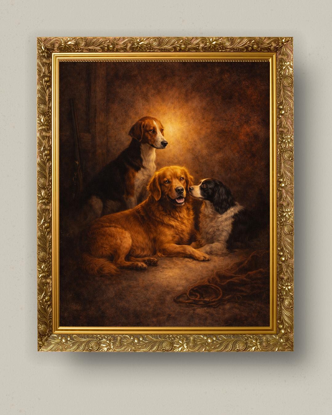 Vintage Dog Portrait Art Print, Classic Hunting Dogs Painting, Rustic ...