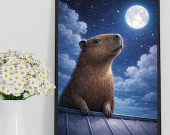 Capybara Moon Wall Art Print, Cute Animal Night Sky Decor, Full Moon Capybara Poster, Whimsical Nursery Art, Cozy Bedroom Aesthetic Gift