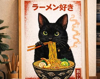 Cute Black Cat Ramen Wall Art Print, Funny Japanese Food Poster, Kawaii Animal Kitchen Decor, Ramen Lover Gift, Asian Aesthetic Noodle