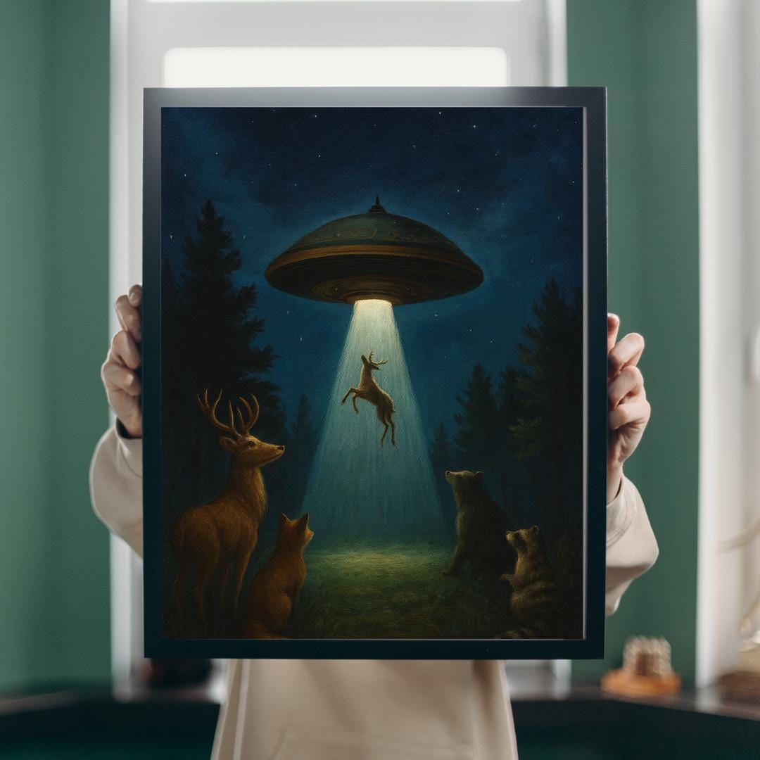 UFO Deer Abduction Art Print | Night Forest Animals Illustration ...