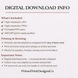 May include: Digital download information on a cream-colored background. Text includes what's included: high-resolution JPG and PNG, a printable PDF pack, and 300 DPI quality. Printing and resizing details are also provided.