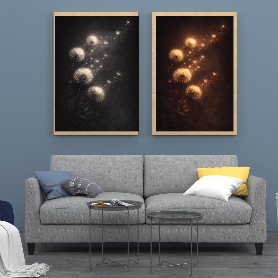 Dandelion Wall Art Set, Glowing Botanical Prints, Dark Moody Floral ...