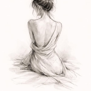 Könnte beinhalten: Eine Bleistiftskizze einer Person von hinten, die sitzt und in ein Kleidungsstück gehüllt ist. Das Haar der Person ist zu einem Dutt gebunden. Das Kunstwerk ist in Grau- und Weißtönen gehalten und erzeugt eine weiche, künstlerische Ästhetik.