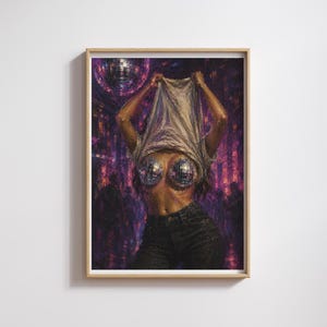 May include: A framed artwork depicts a figure in a disco setting. The figure is wearing a white t-shirt and black jeans, with disco ball pasties. The background features a disco ball and purple hues.