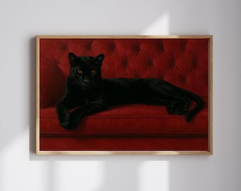 Schwarzer Panther Couch Wandkunst, dunkle ästhetische Tierdruck, Gothic schwarze Katze Poster, launisches rotes Sofa Dekor, luxuriöse minimalistische Statement Kunst