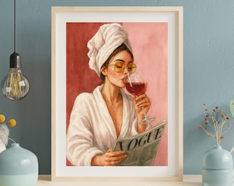 Woman in Robe Wine Art Print, Modern Feminine Art, Wine and Vogue Wall Art Print, Chic Fashion Woman Poster, Pink Glam Bathroom Decor