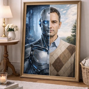 Puede incluir: Obra de arte enmarcada que representa una imagen dividida de un robot y un hombre. El lado del robot es metálico con detalles azules, mientras que el hombre lleva un suéter. La obra está en un marco dorado, apoyada contra una pared.