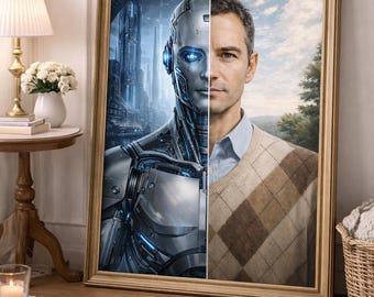 Human vs AI Wall Art, Future Technology Poster, Robot and Man Split Face Print, Sci Fi Decor, Artificial Intelligence Art, Modern Tech Art