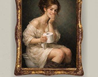 Divertente stampa murale vintage per il bagno, stampa di una donna classica in bagno, arte umoristica in stile rinascimentale, stampa decorativa per il bagno, arte murale stravagante