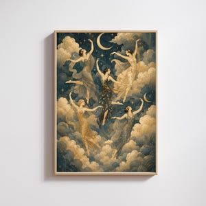 May include: A framed vertical wall art print depicting five figures in flowing dresses dancing amidst dark blue clouds, golden stars, and a crescent moon. The figures are arranged in a circular formation, with their arms extended in graceful poses against a deep navy and gold color palette.