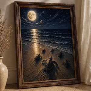 May include: A framed artwork shows a moonlit beach scene. The full moon shines over the ocean and the sand, where several sea turtles are heading towards the water. The frame is a dark brown colour.