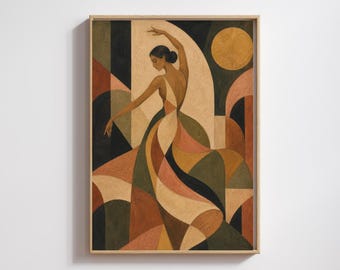 May include: A framed wall art print featuring a stylized illustration of a dancer in a flowing dress. The composition uses geometric shapes in earthy tones of terracotta, olive green, cream, and black, with a prominent golden circular moon shape.