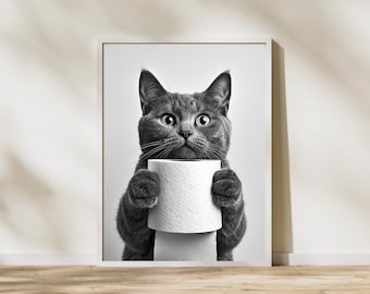 Funny Cat Bathroom Wall Art, Black and White Cat Holding Toilet Paper, Humorous Bathroom Decor, Printable Cat Poster, Minimalist Bathroom