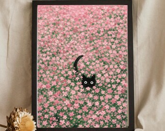 Black Cat Flower Field Art Print, Cute Cat Wall Art, Pink Floral Cottagecore Decor, Whimsical Animal Artwork, Cozy Aesthetic Print