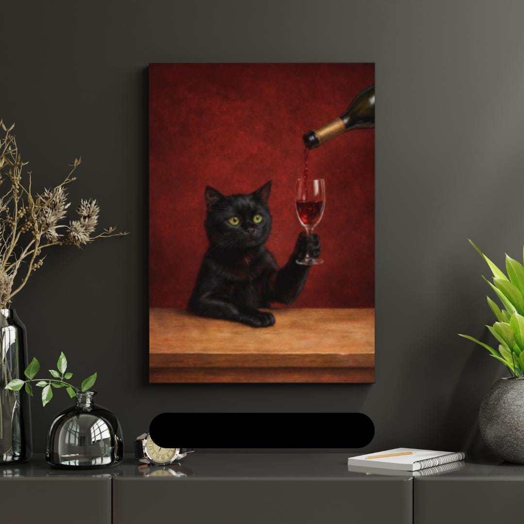 Black Cat Wine Art Print, Printable Glass Painting, Digital Download - Etsy