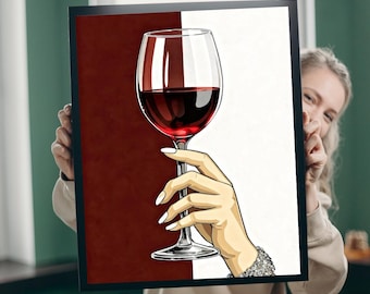 Impression d'art en verre à vin rouge, décoration minimaliste moderne (téléchargement numérique)
