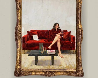 Vrouw wijn op de rode bank muurkunst | Elegante vrouw in gewaad Art Print | Sfeervol vrouwelijk wijnschilderij, modern luxe modedecor, chique Apt