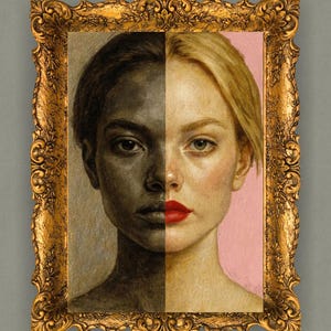 May include: A framed portrait split vertically, showing two halves of a face with contrasting skin tones. One side is dark, the other fair, with red lipstick. The ornate gold frame adds a classic touch to the artwork.