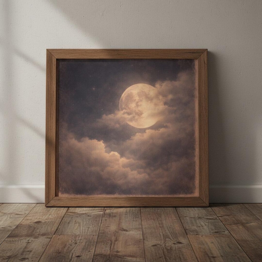 Vintage Moon Wall Art, Moody Night Sky Print, Rustic Full Moon Clouds ...