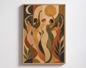 May include: A rectangular framed wall art print featuring five figures in flowing dresses with arms raised. The composition includes a crescent moon and a full sun in a palette of muted earth tones, including terracotta, olive green, and cream.