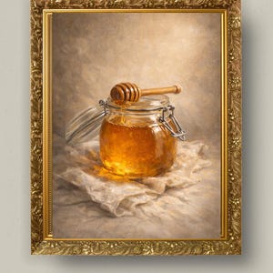 Pode incluir: Pintura emoldurada de um frasco de vidro cheio de mel dourado, um pau de mel de madeira e um pano branco. O frasco tem um fecho de metal e uma tampa transparente. A moldura é dourada.