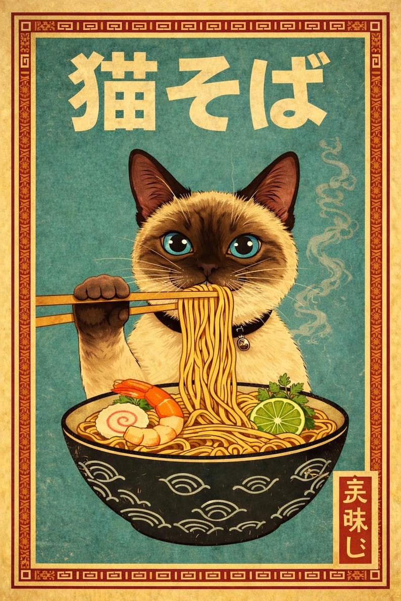 May include: Vintage-style poster featuring a Siamese cat enjoying ramen. The cat, with striking blue eyes, holds chopsticks with noodles. The bowl contains shrimp, a lime, and a swirl of fish cake. Japanese text is at the top and side.