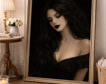 Dark Feminine Portrait Wall Art, Gothic Woman Print, Moody Aesthetic Decor, Black Hair Beauty Painting, Elegant Bedroom Art, Vintage Poster