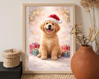 クリスマス犬のウォールアートプリント、ゴールデンレトリバーの子犬のサンタ帽、ホリデーペットデコレーション、かわいいクリスマス犬のプリント、犬好きへのギフト