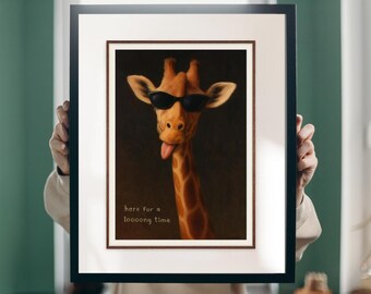 Giraffe Wall Art – Retro Sunglasses Giraffe Print | Funny Animal Decor - 'Here for a Long Time'