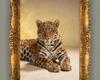 Golden Leopard Portrait Wall Art Print, Big Cat Wildlife Decor, Safari Animal Photography, Modern Neutral Home Aesthetic, Luxury Jungle Art