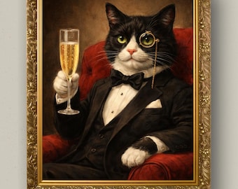 Fancy Cat Wall Art, Gentleman Cat Poster, Tuxedo Cat Painting, Funny Animal Art, Classy Pet Decor, Vintage Style Victorian Cat Printable