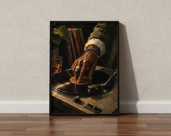 Vintage Vinyl Record Player Poster, DJ Turntable with Wooden Frame, Music Lover Decor, Retro Listening Room Art, Vinyl Record Wall Art