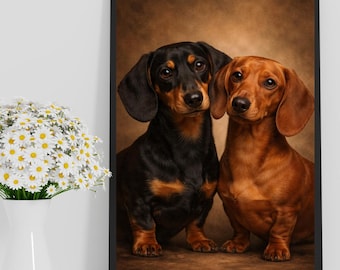 Dachshund Dog Wall Art, Sausage Dog Portrait Print, Cute Wiener Dog Decor, Pet Lover Gift, Warm Vintage Style Animal Poster, Two Weiner Dogs