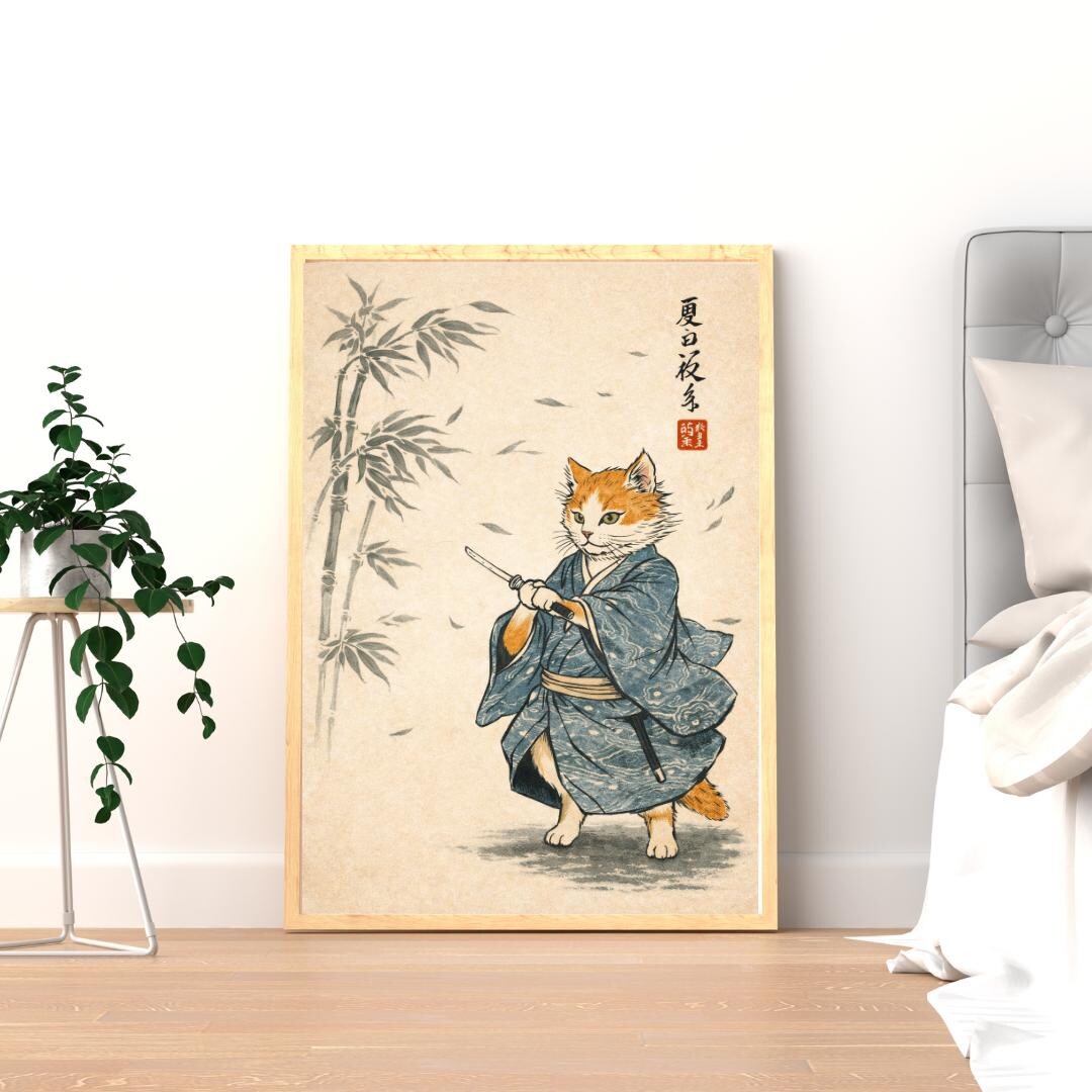 Samurai Cat Art Print | Japanese Ukiyo-e Style Poster | Bamboo Forest ...