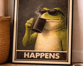 Sip Happens Wall Art, Funny Frog Coffee Print, Cute Animal Poster, Coffee Humor Decor, Bar Cart Wall Art, Coffee Lover Gift, Kitchen Art