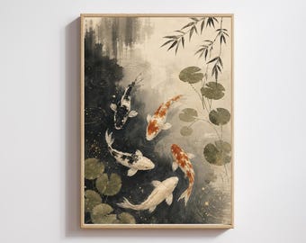 May include: A framed wall art print featuring a watercolour-style painting of five koi fish swimming in a pond. The fish are white, orange, and black, surrounded by green lily pads and bamboo leaves against a dark and light grey background.