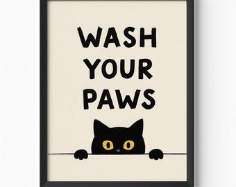 Wash Your Paws Wall Art | Funny Pet Poster, Printable Bathroom Poster, Cat Lover Gift
