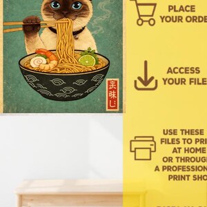 May include: A vintage-style poster featuring a Siamese cat enjoying ramen noodles with chopsticks. The cat is the focal point, with a bowl of ramen and Japanese text above. The background is teal.
