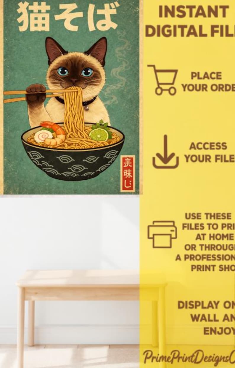May include: A vintage-style poster featuring a Siamese cat enjoying ramen noodles with chopsticks. The cat is the focal point, with a bowl of ramen and Japanese text above. The background is teal.