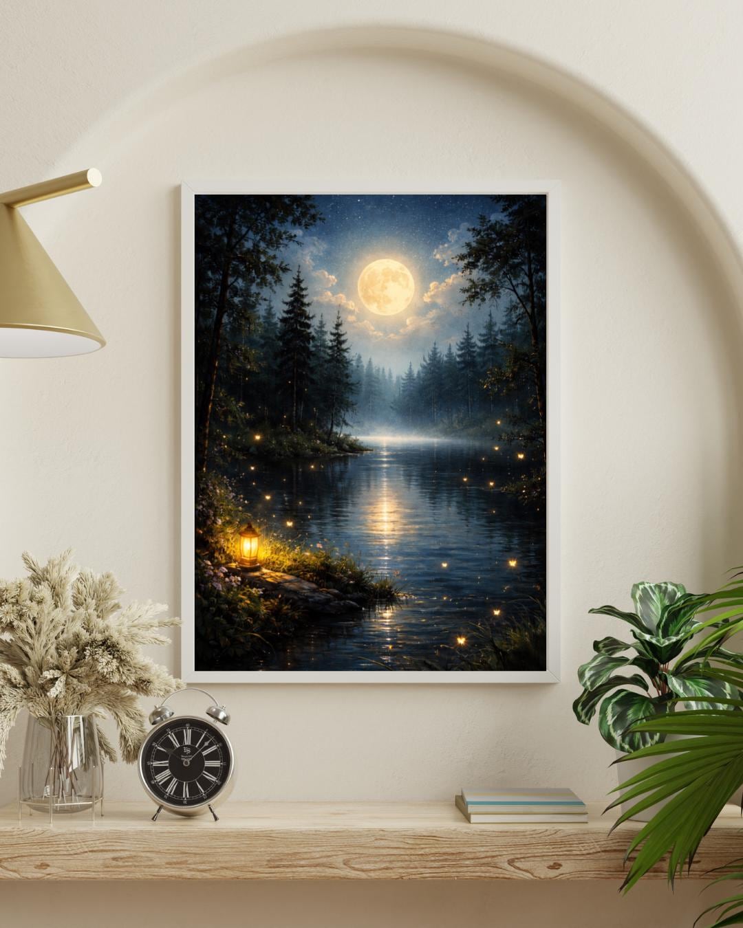 Moonlit Forest Lake Wall Art, Full Moon Night Landscape, Mystical ...