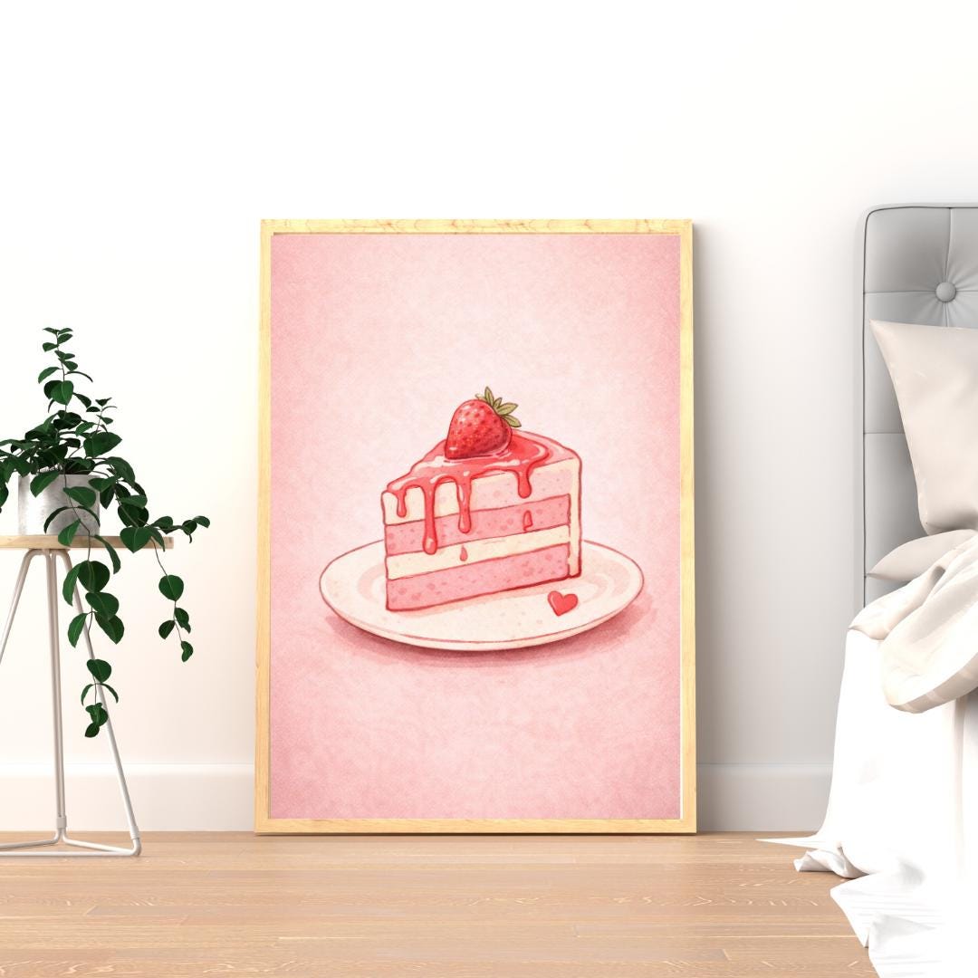 Strawberry Cake Wall Art Print, Pink Dessert Poster, Coquette Kitchen ...