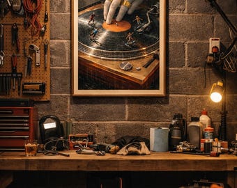 Surreal DJ Turntable Kunst Druck, Schallplatte Surfers Wandkunst, Musikliebhaber Geschenk, Retro Ästhetisches Dekor, Einzigartige Erklärung Kunstwerk
