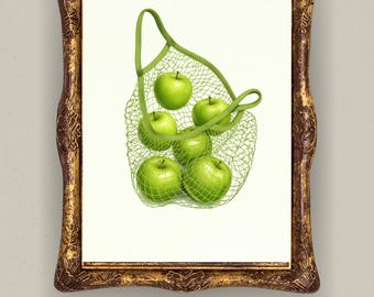 Lámina decorativa de manzana verde para pared, decoración minimalista para cocina, obra de arte moderna de naturaleza muerta con frutas, decoración estética verde para el hogar.