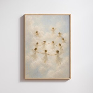May include: A framed wall art print featuring a soft, painterly depiction of multiple winged figures in white robes holding hands in a circular formation. The figures are positioned amidst fluffy, light blue and white clouds in a bright sky.