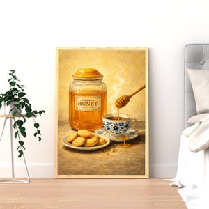 Impressão de natureza morta em pote de mel vintage, arte de parede para cozinha rústica (download digital)